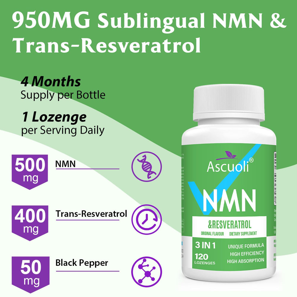 Ascuoli 3-in-1 formula packaging highlighting NMN, resveratrol, black pepper.