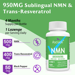 Ascuoli 3-in-1 formula packaging highlighting NMN, resveratrol, black pepper.
