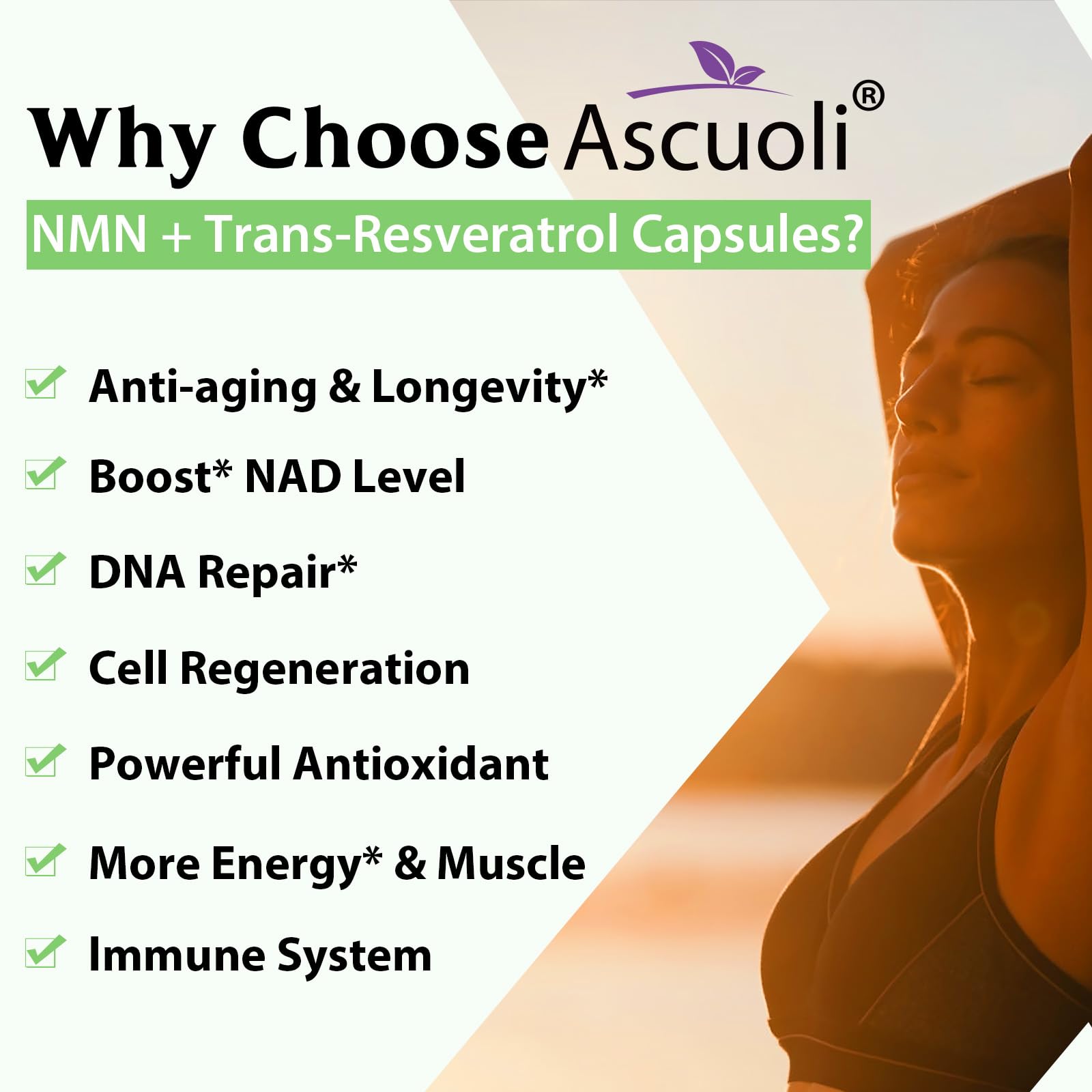 Ascuoli 3-in-1 NMN Resveratrol capsules displayed for daily use.