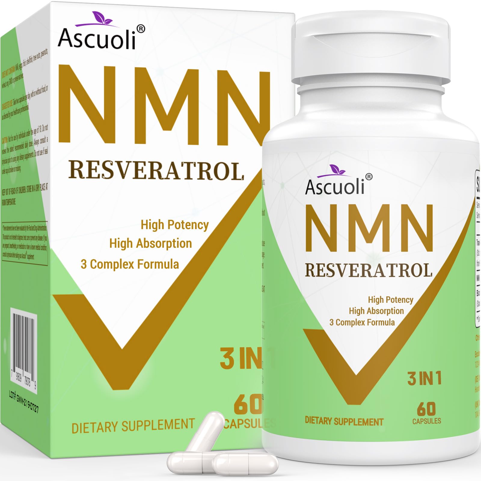 Ascuoli NMN bottle label shows 99% purity for premium antioxidant support.