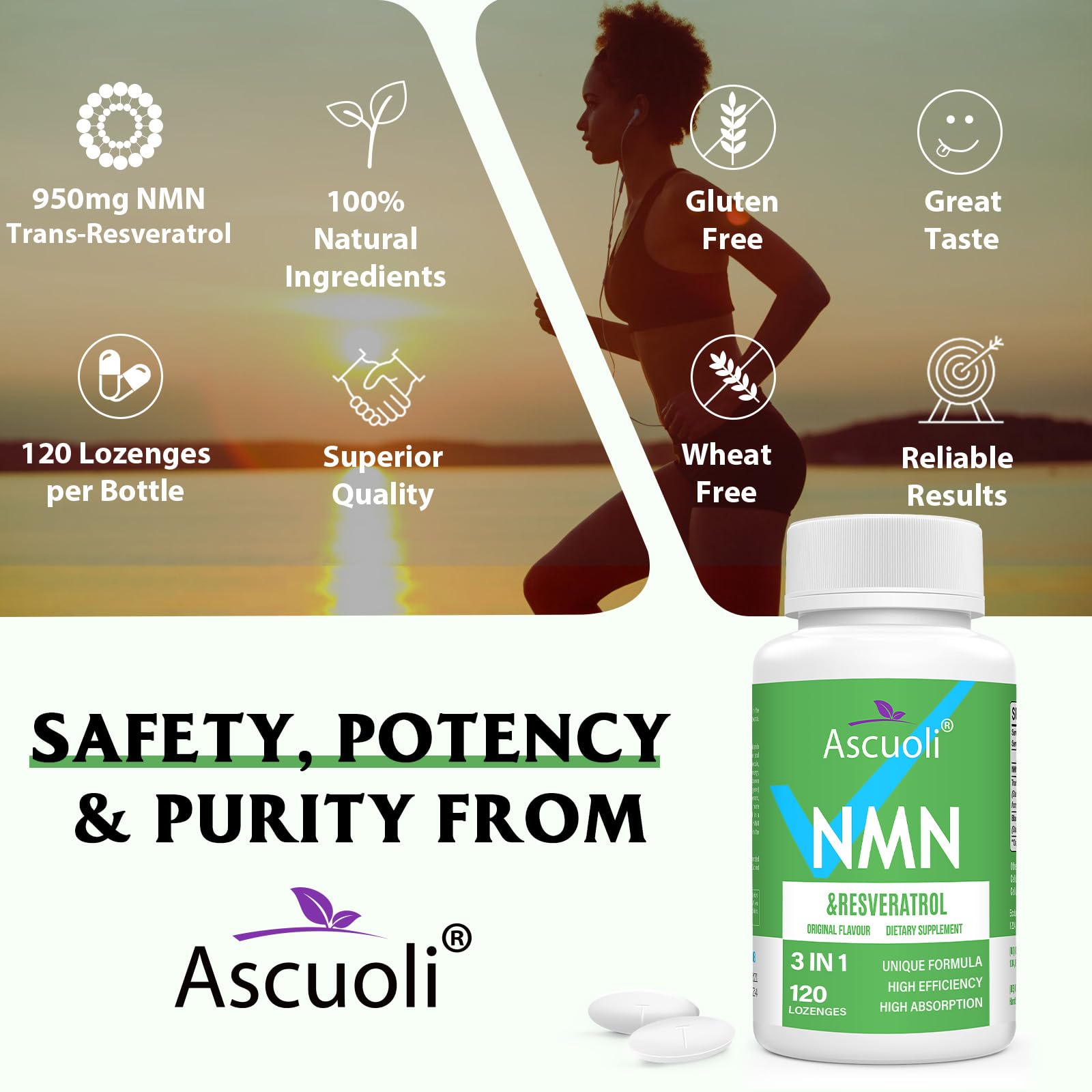 Ascuoli NMN bottle with easy-to-read label and dosage.