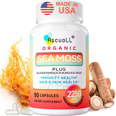 Ascuoli Sea Moss capsules bottle showing premium organic blend for daily wellness