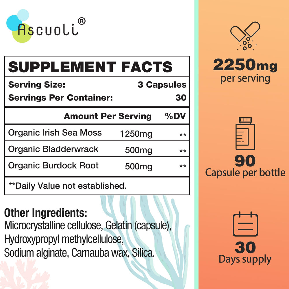 Ascuoli label with organic sea moss, bladderwrack, and burdock ingredients