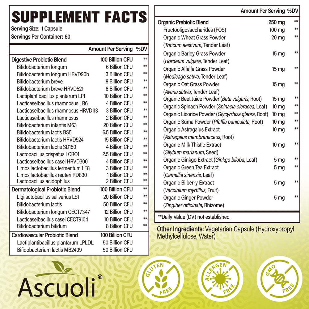 Ascuoli Probiotics capsule with 24 strains promotes resilient gut flora.