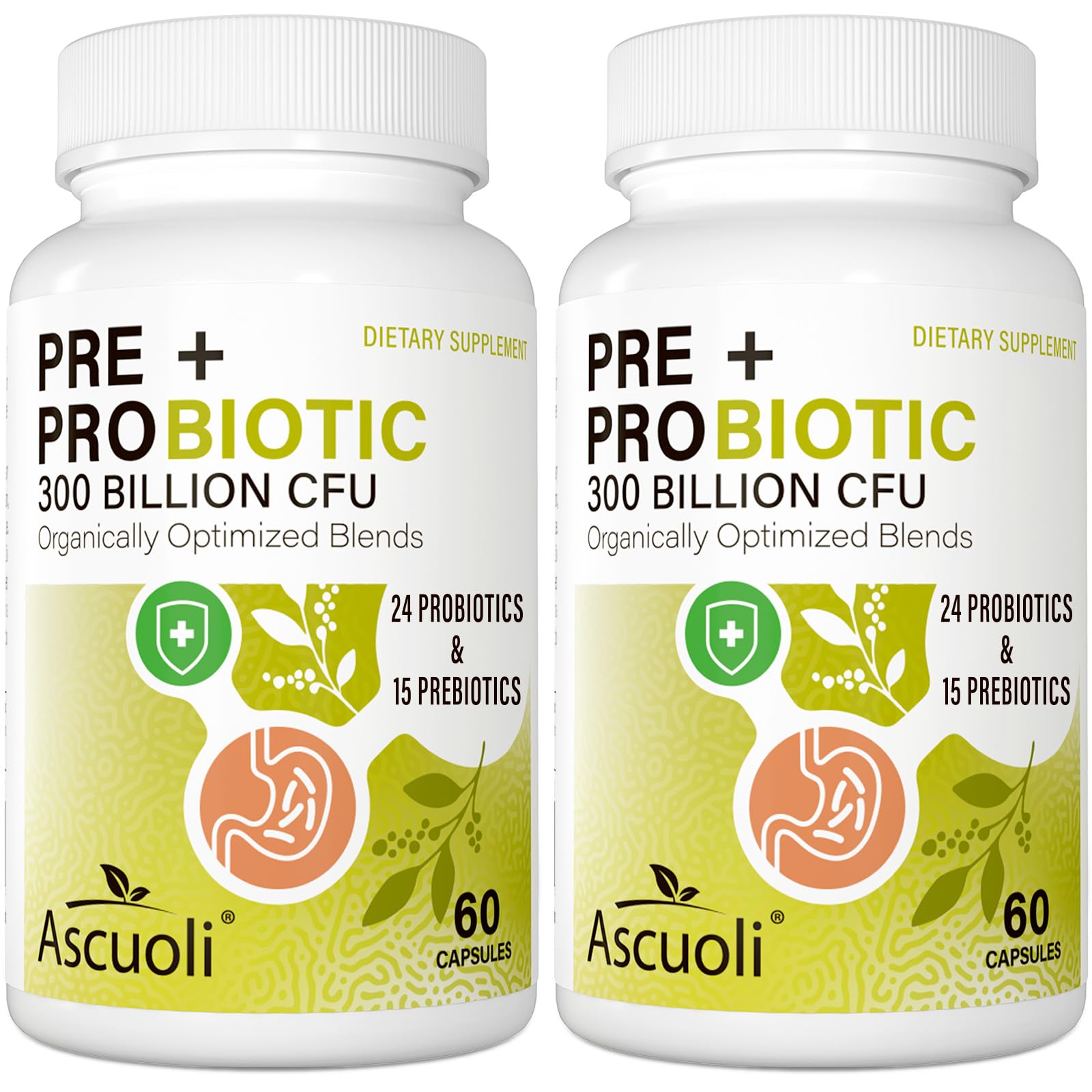 Ascuoli Probiotics bottle with 300B CFU supports daily digestive balance and comfortable regularity.