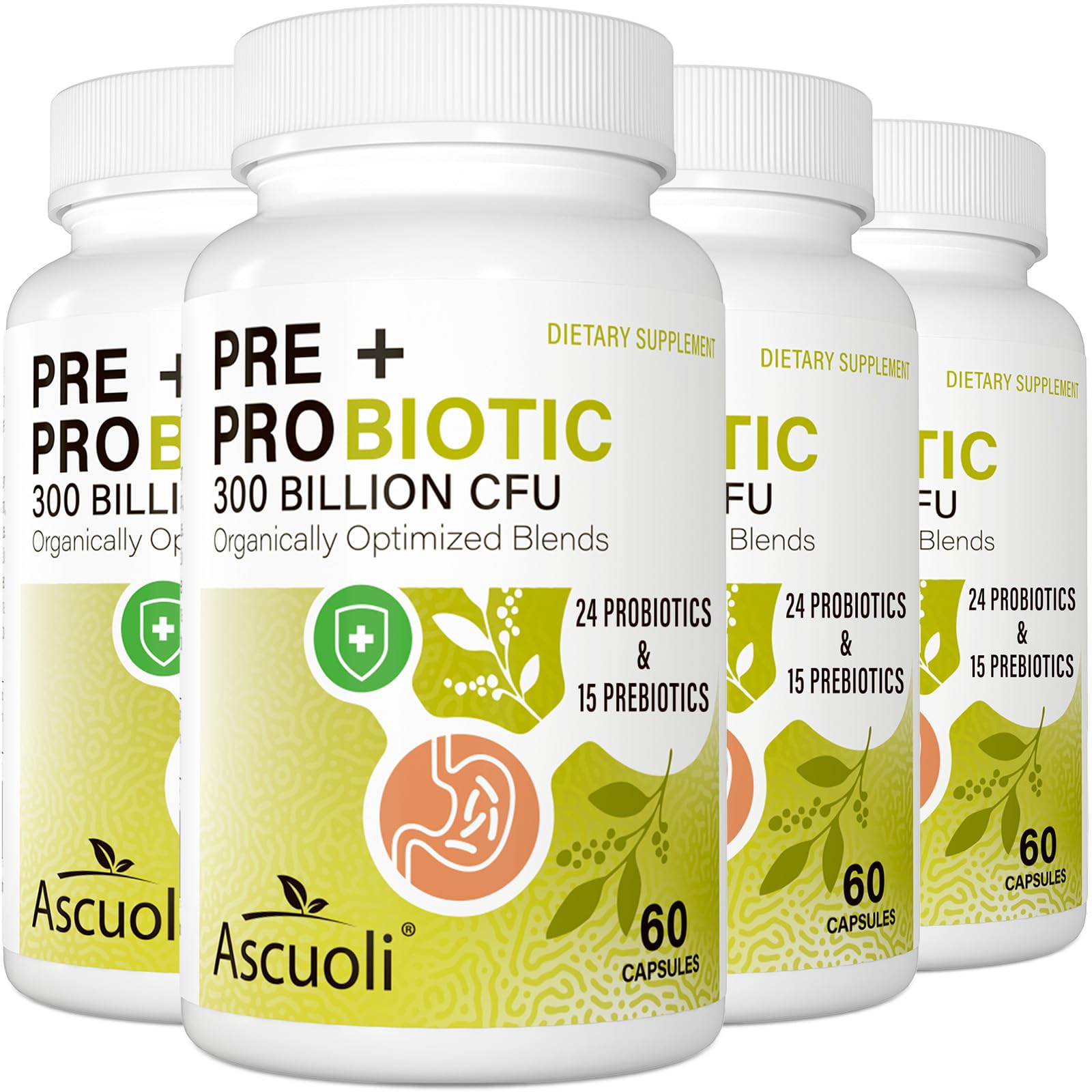 Ascuoli Probiotics bottle front showing 24 strains and 300B CFU for daily gut balance