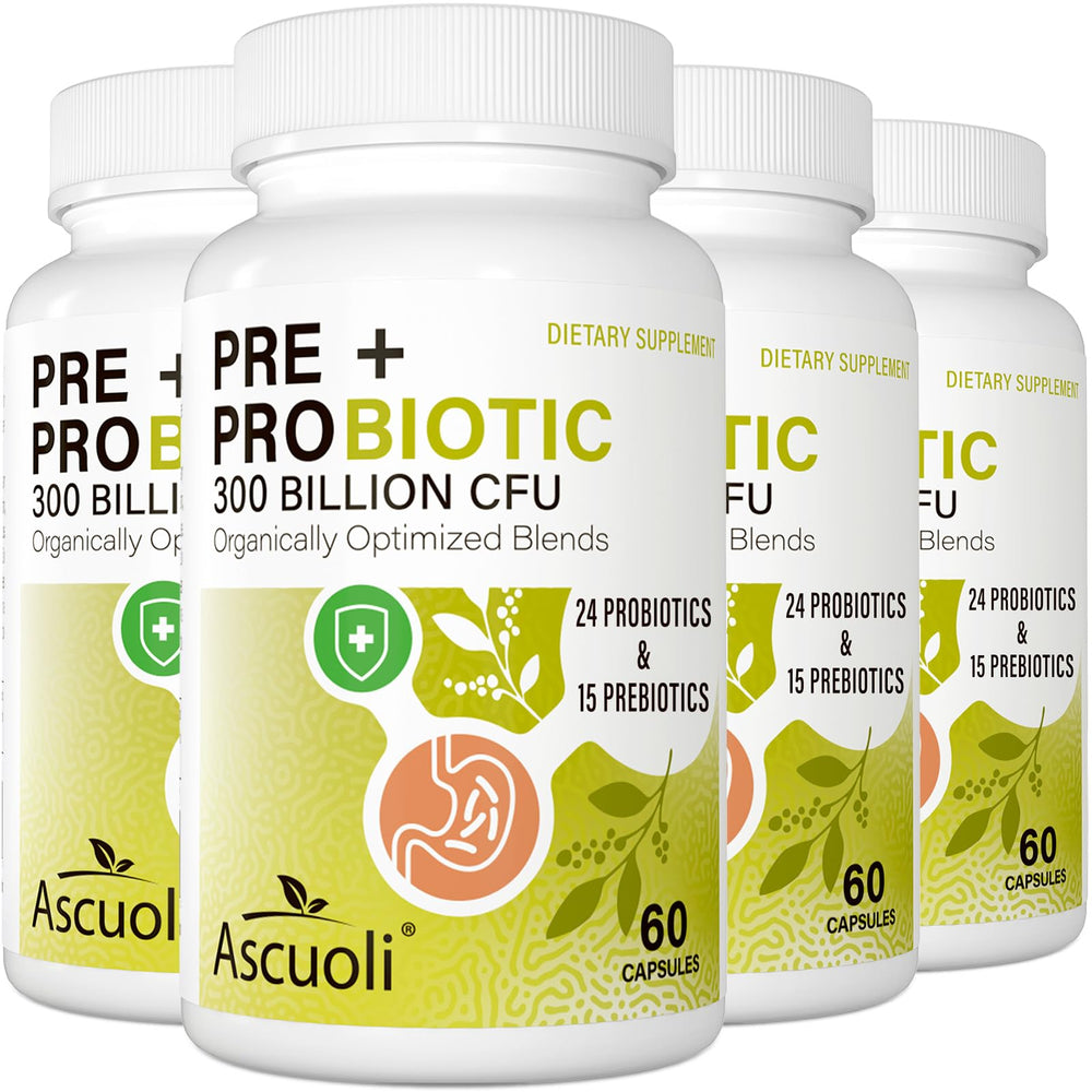 Ascuoli Probiotics bottle front showing 24 strains and 300B CFU for daily gut balance