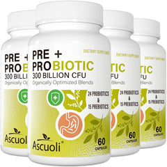 Ascuoli Probiotics bottle front showing 24 strains and 300B CFU for daily gut balance