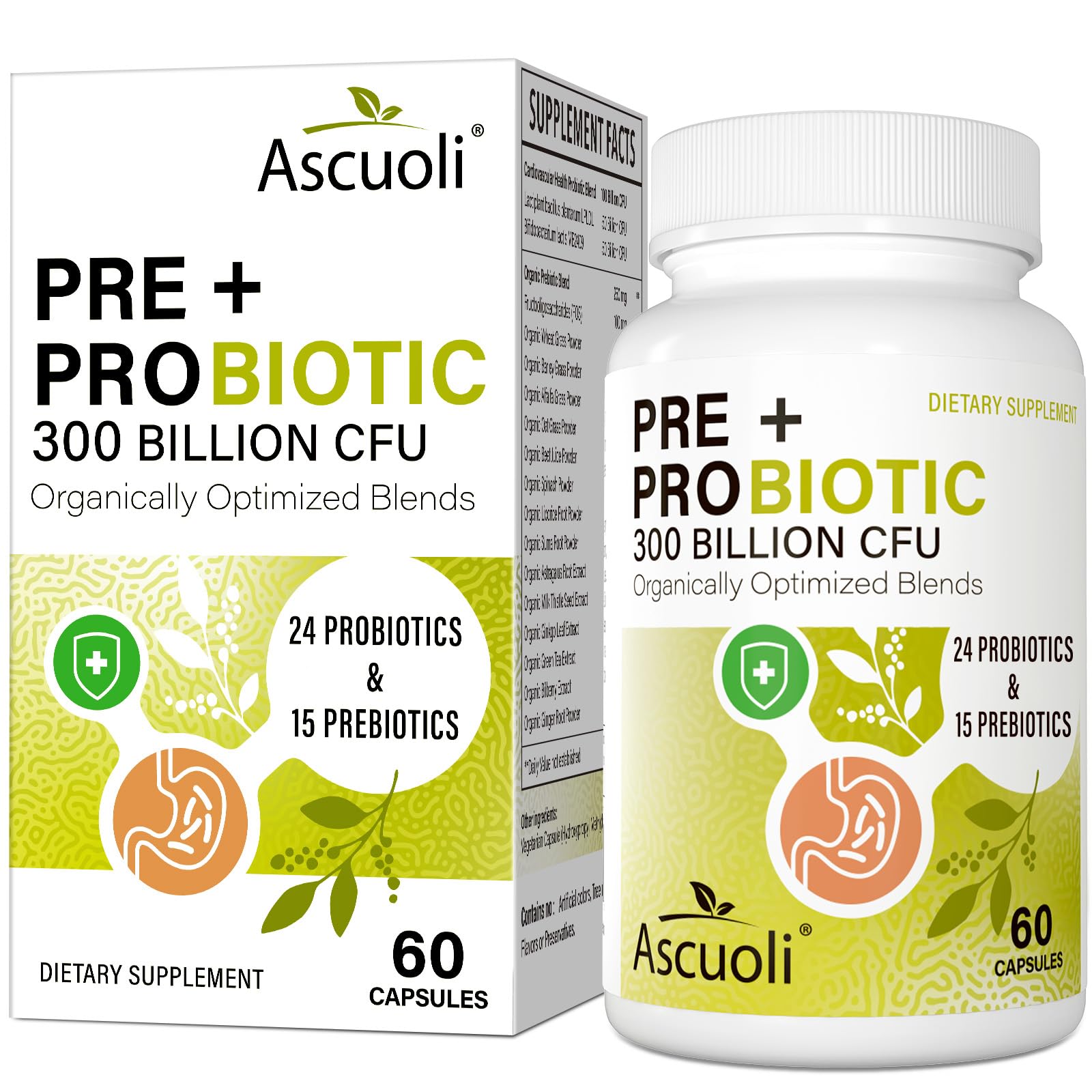 Ascuoli Probiotics bottle front showing 300B CFU for daily gut support