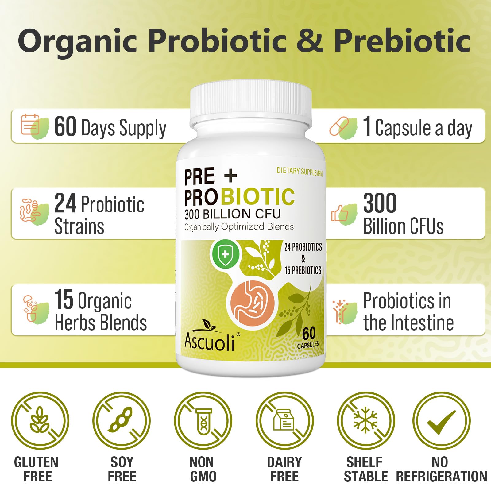 Ascuoli Probiotics label featuring 24 strains for diverse gut flora