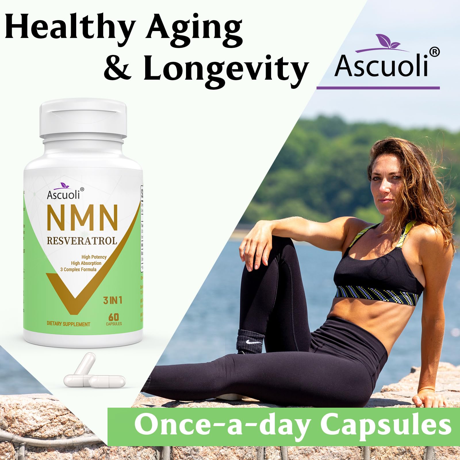 Ascuoli shelf-stable NMN-Resveratrol bottle suited for non-refrigerated storage.