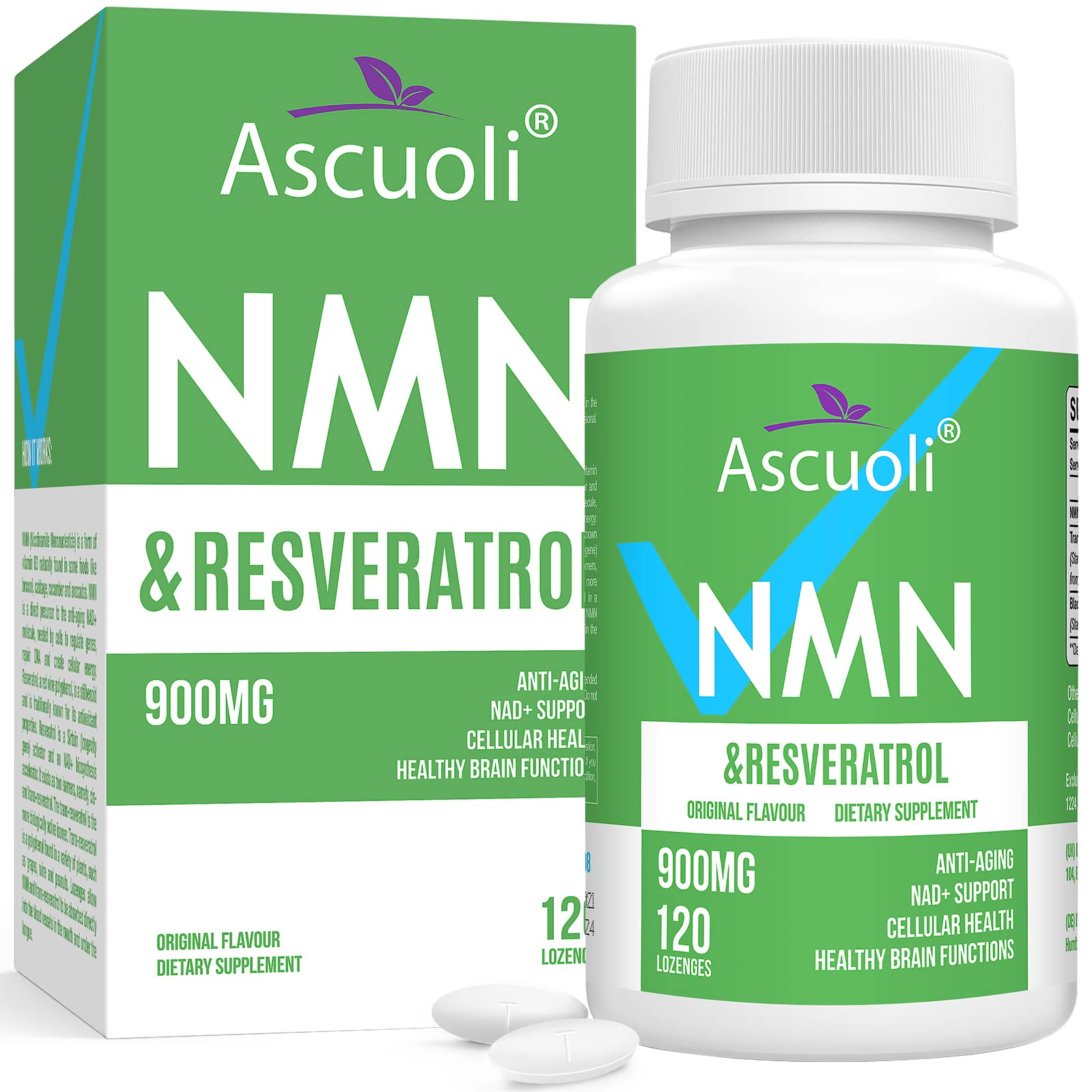 Ascuoli Sublingual NMN-Resveratrol lozenge bottle supports daily vitality.