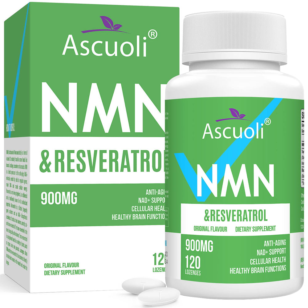 Ascuoli Sublingual NMN-Resveratrol lozenge bottle supports daily vitality.