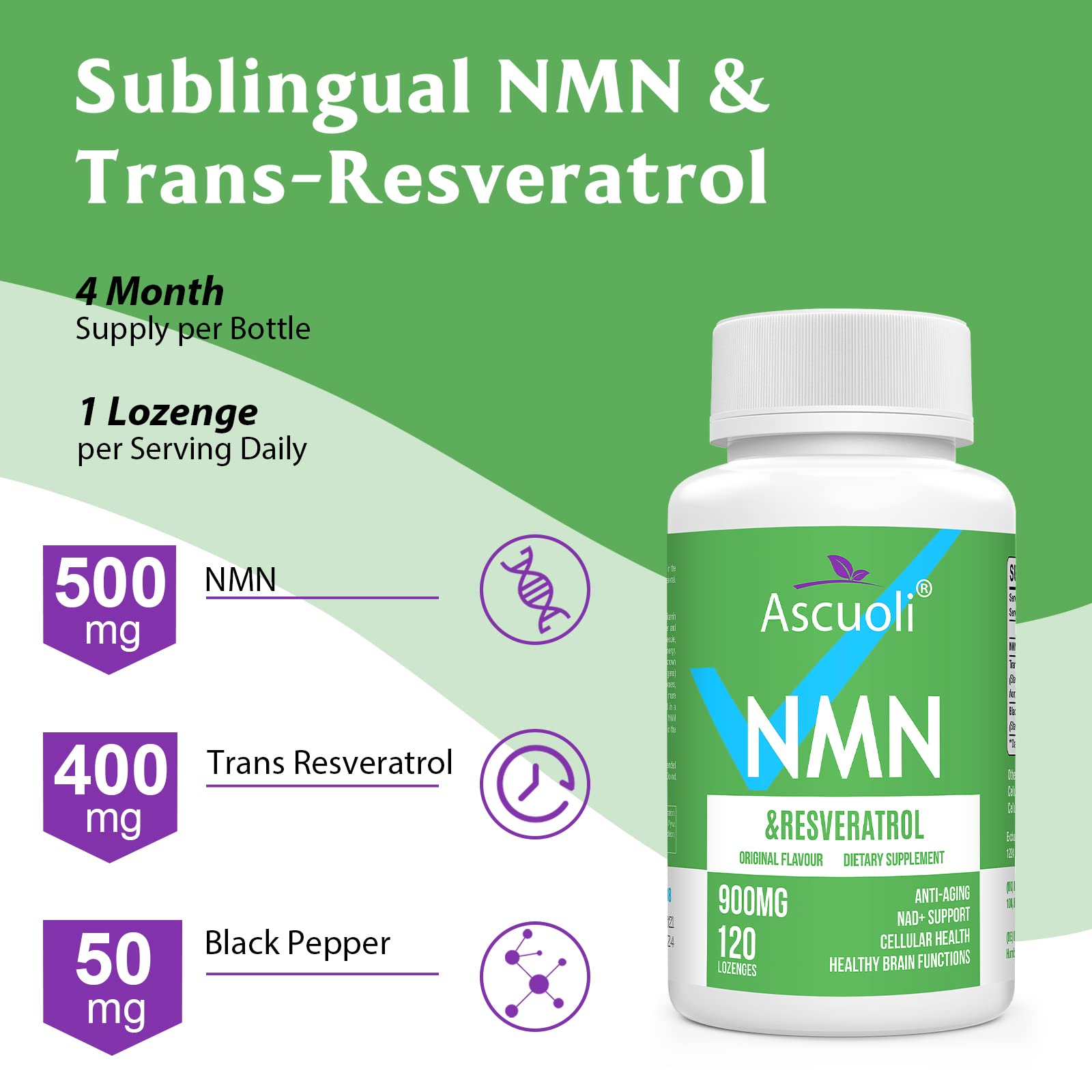 Ascuoli ingredient label highlights the 3-in-1 NMN, Resveratrol, and pepper.