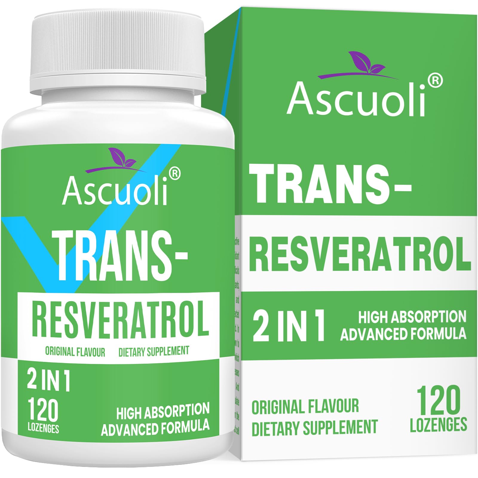 Ascuoli Sublingual Trans-Resveratrol bottle shown for easy daily use and steady NAD+ support