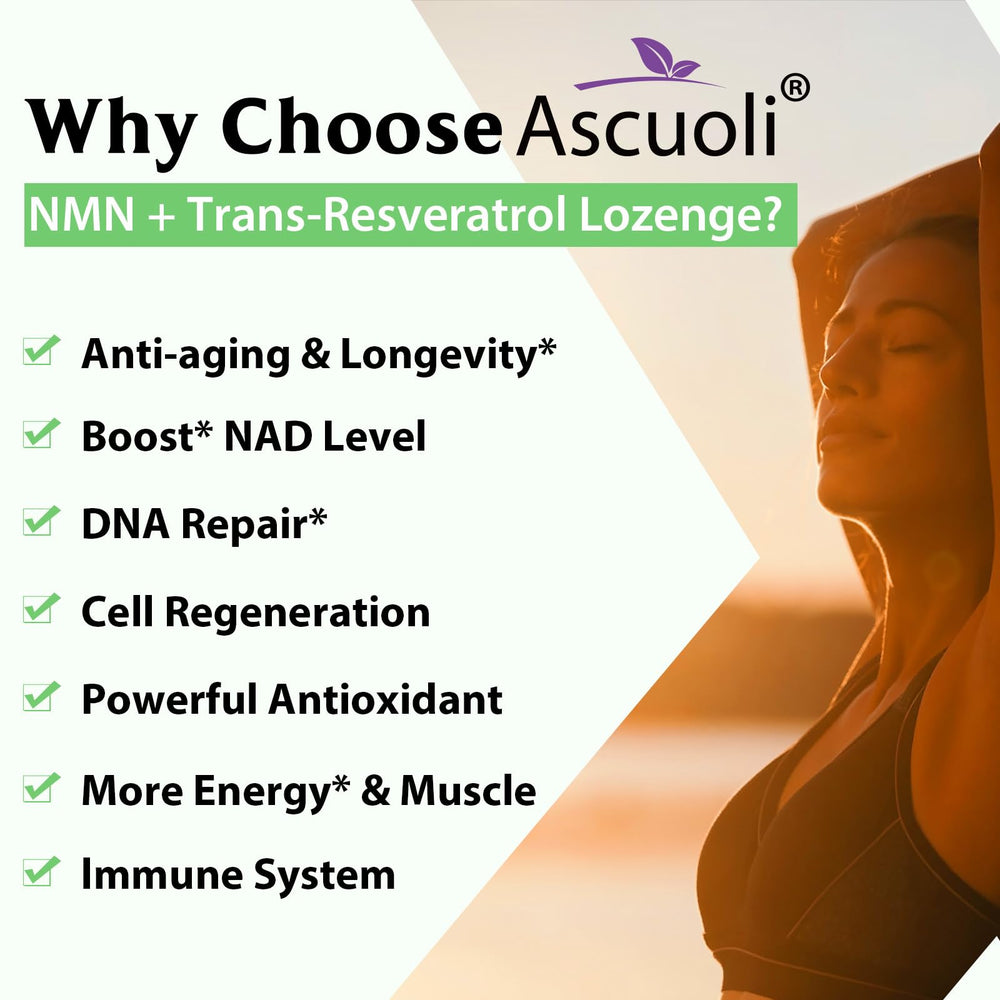 Ascuoli Trans-Resveratrol lozenge with antioxidant support for longevity pathways.