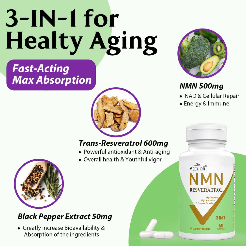 Ascuoli Trans-Resveratrol 600mg bottle highlights anti-aging potential.