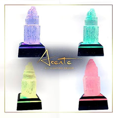 ASENTE 4-inch selenite tower on display highlights natural glow for calm spaces.
