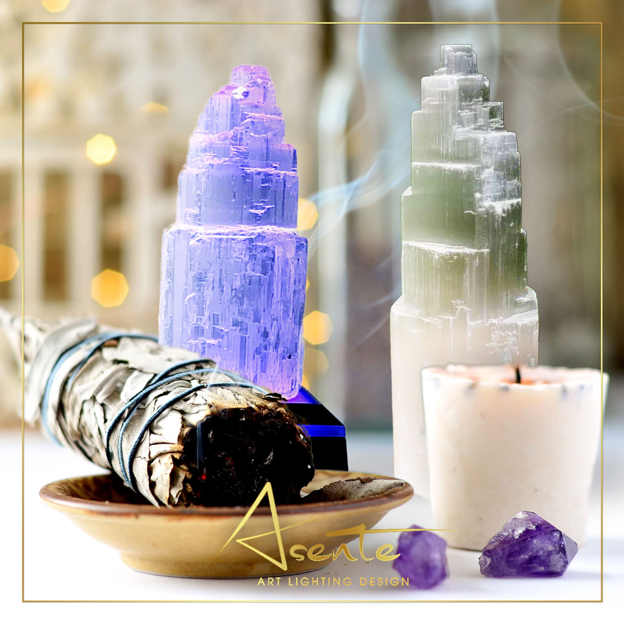 ASENTE LED-lit display base highlights translucent glow of selenite for calm ambience.