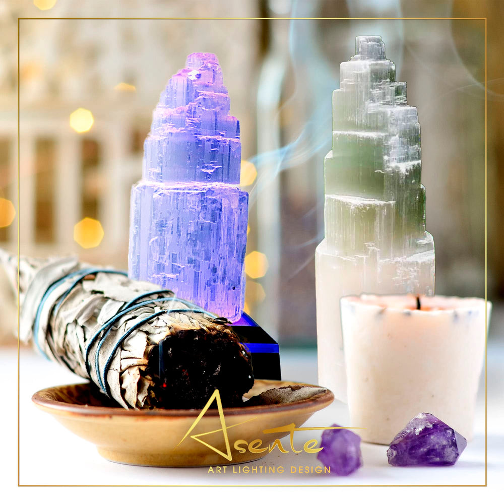 ASENTE LED-lit display base highlights translucent glow of selenite for calm ambience.