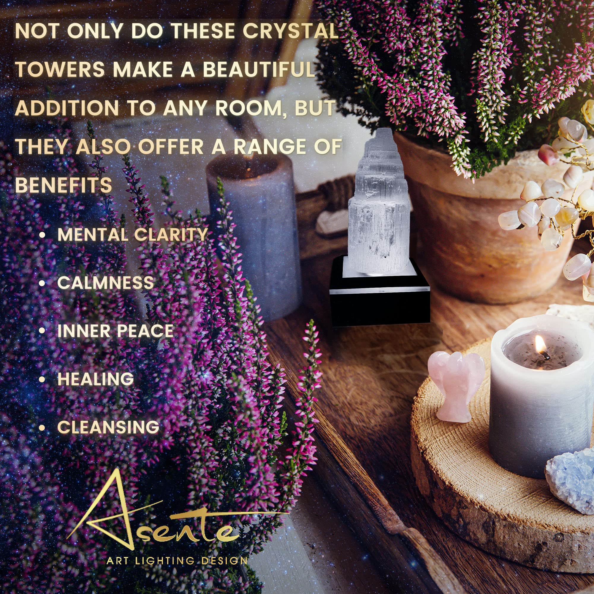 ASENTE selenite tower enhances home decor with a calming, modern look.