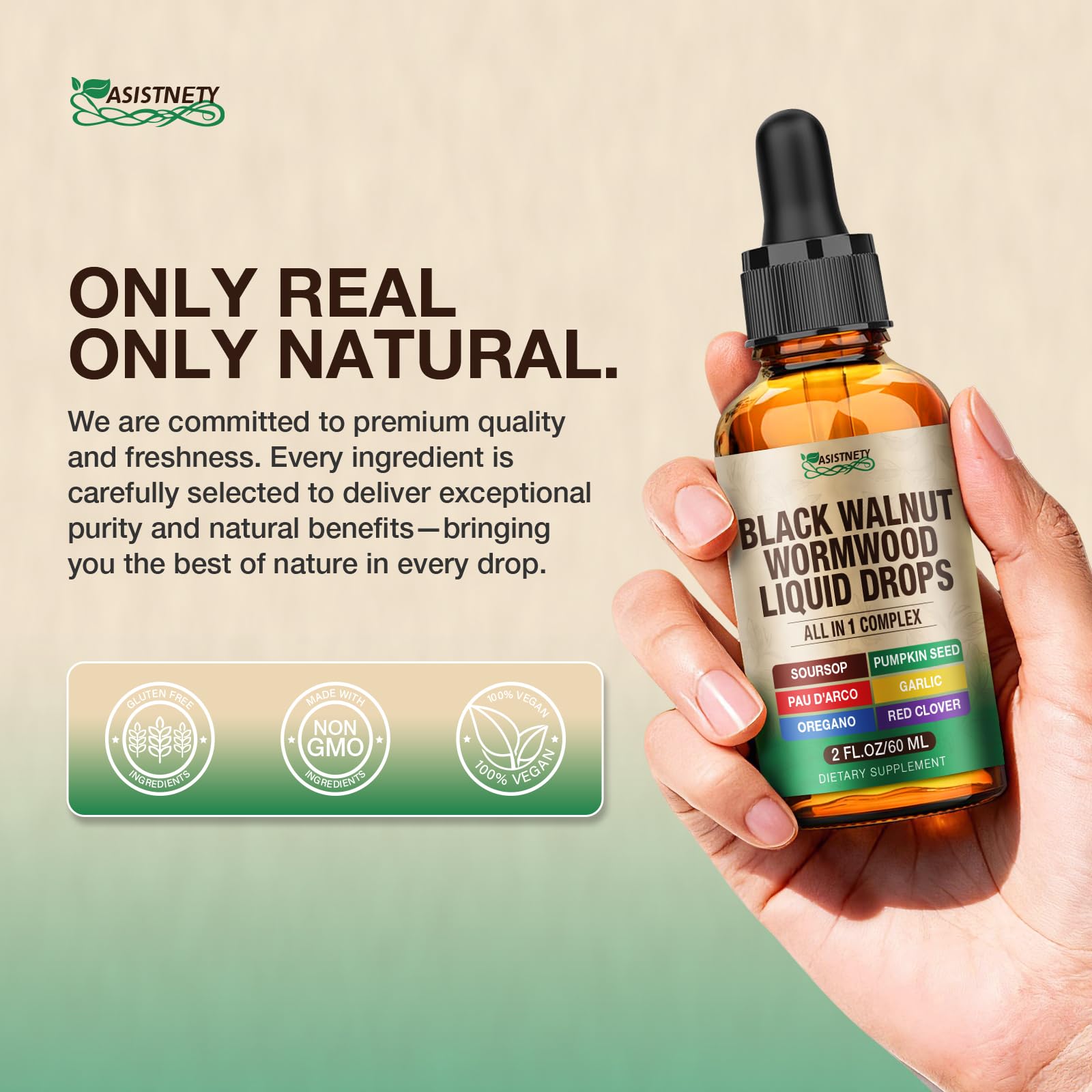 ASISTNETY clean formula label highlights purity and transparency