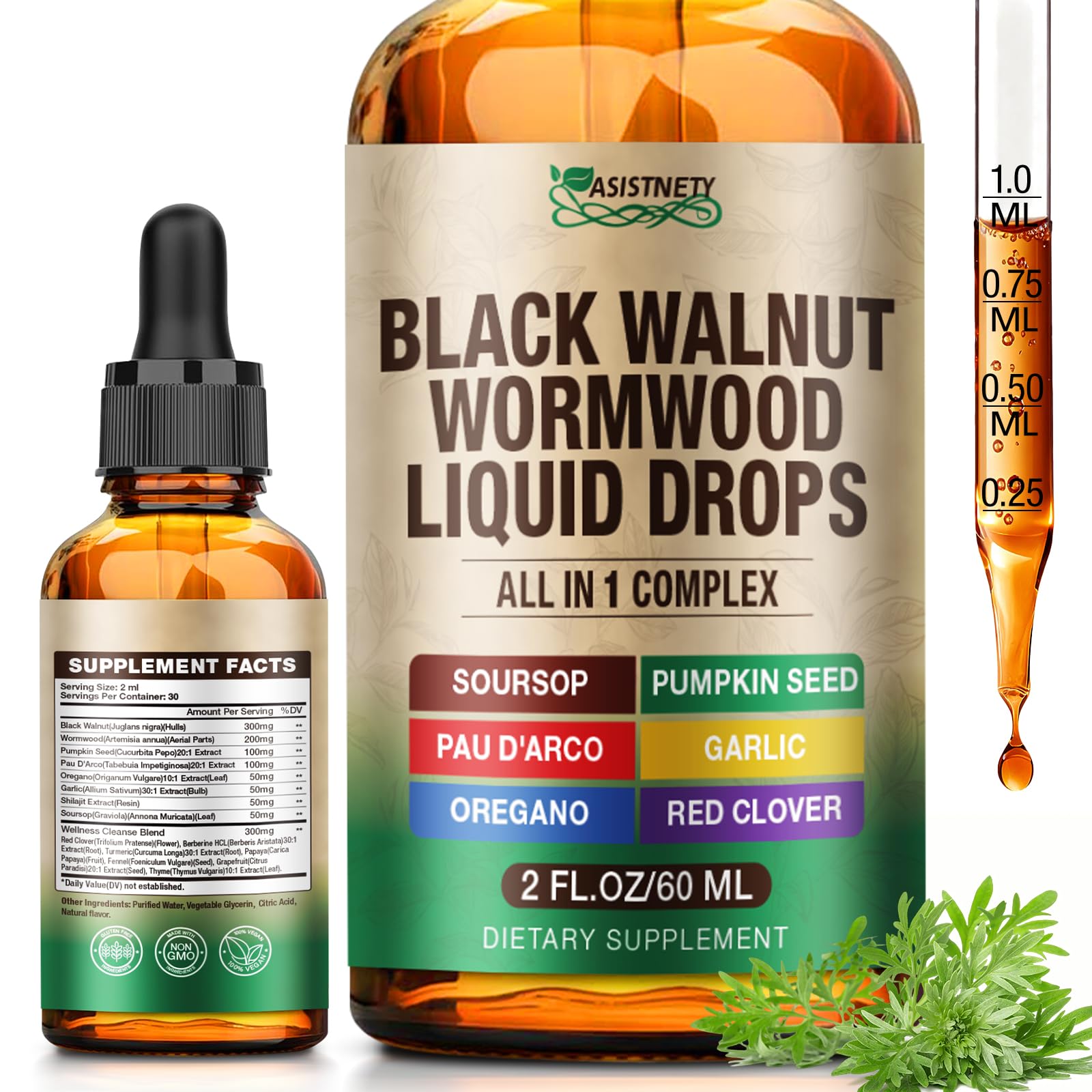 ASISTNETY Wormwood Black Walnut Clove tincture bottle ready for daily gut support