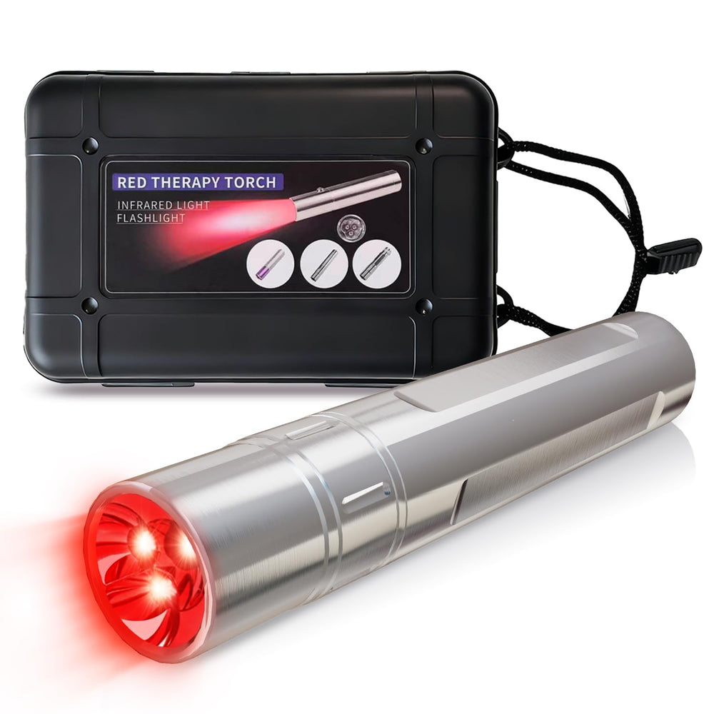 A SmallGoal infrared red light therapy wand, silvery front view, for convenient whole-body use.