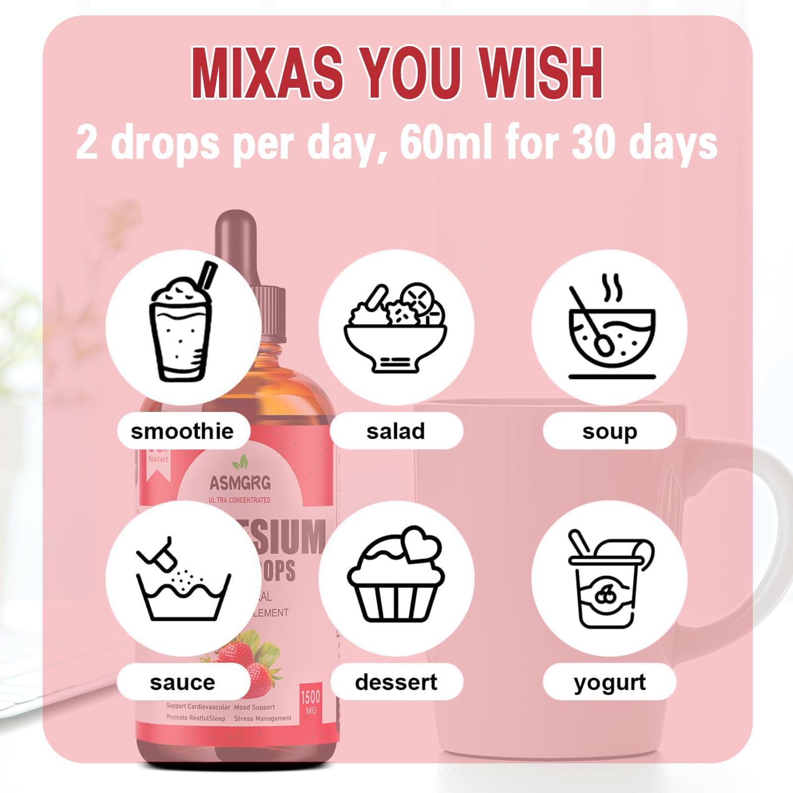 ASMGRG Magnesium Liquid Drops shown in a morning beverage for daily routine