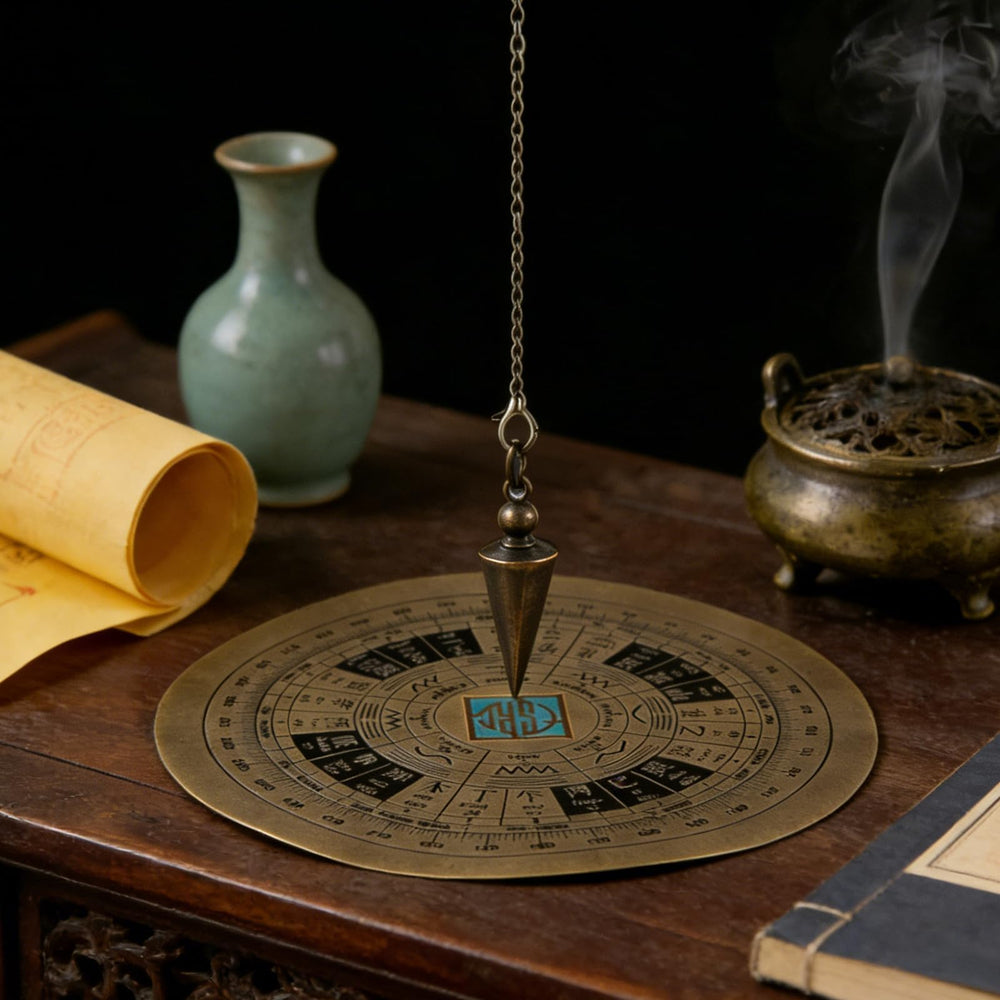 Asofelk antique copper pendulum over a divination mat for guidance sessions.
