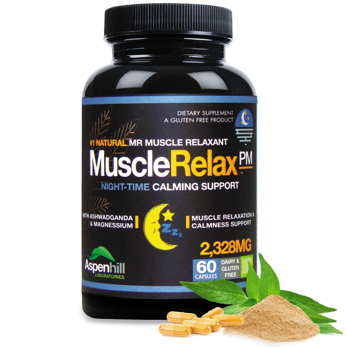 AspenHill Laboratories Muscle Relax PM bottle on nightstand promoting calm sleep