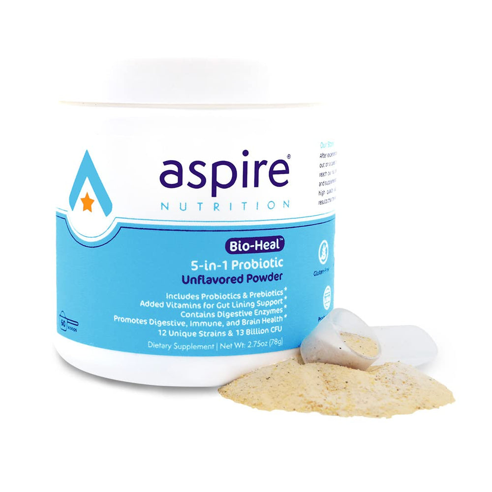 Aspire Nutrition Bio-Heal Probiotic bottle on shelf supports gut health and immune balance.