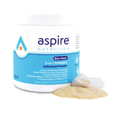 Aspire Nutrition Bio-Heal Probiotic bottle on shelf supports gut health and immune balance.