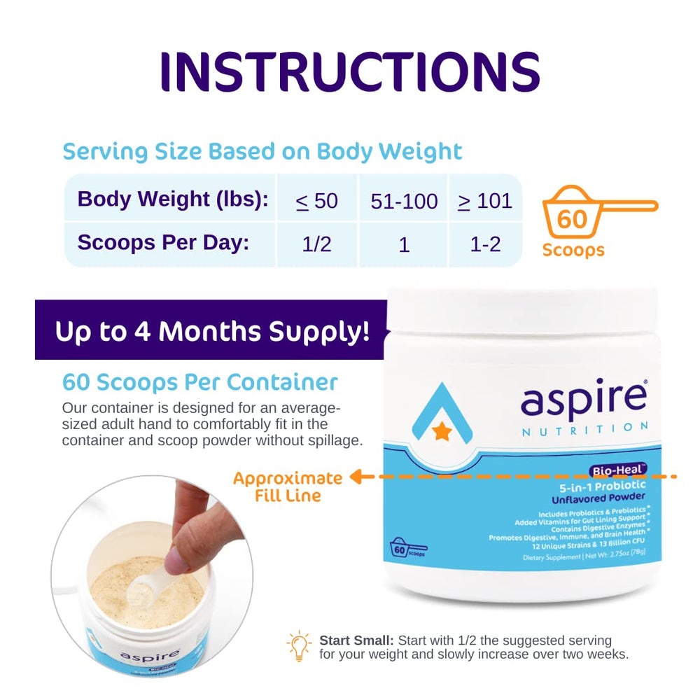 Aspire Nutrition Bio-Heal Probiotic ingredients panel showing 12 strains and vitamins.