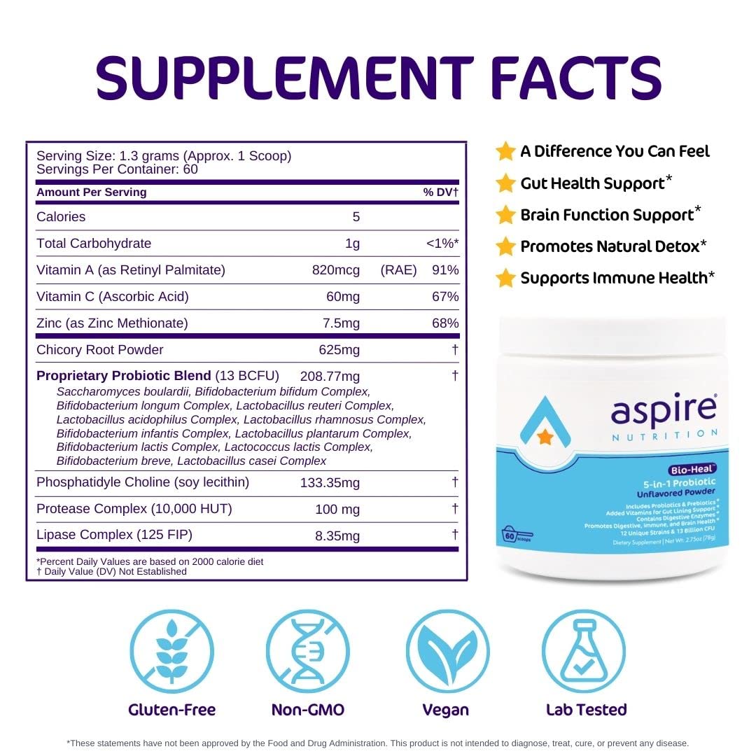 Aspire Nutrition Bio-Heal Probiotic scoop with powder for easy daily dosing.