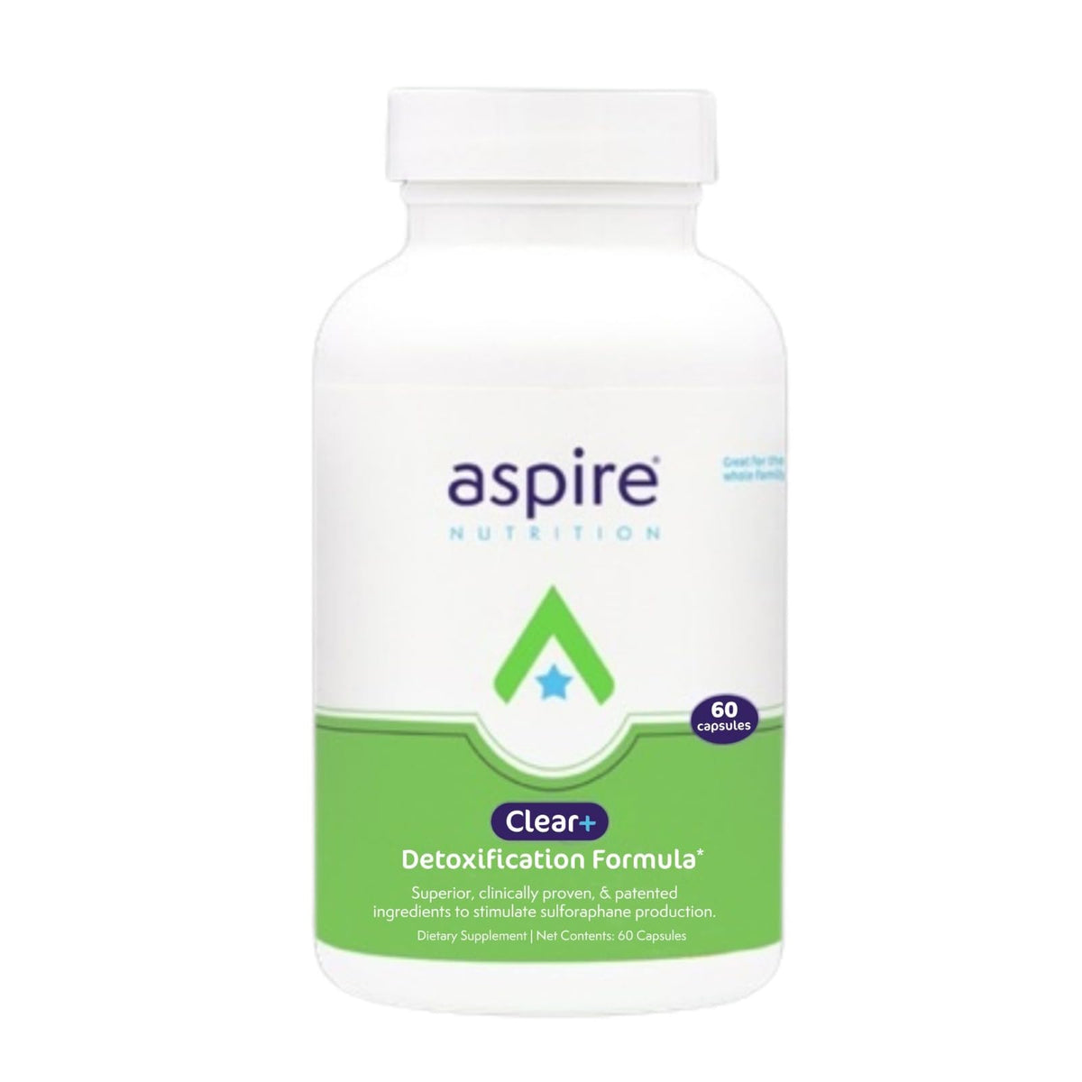 Aspire Nutrition Clear+ detox capsules in bottle ready for daily use.