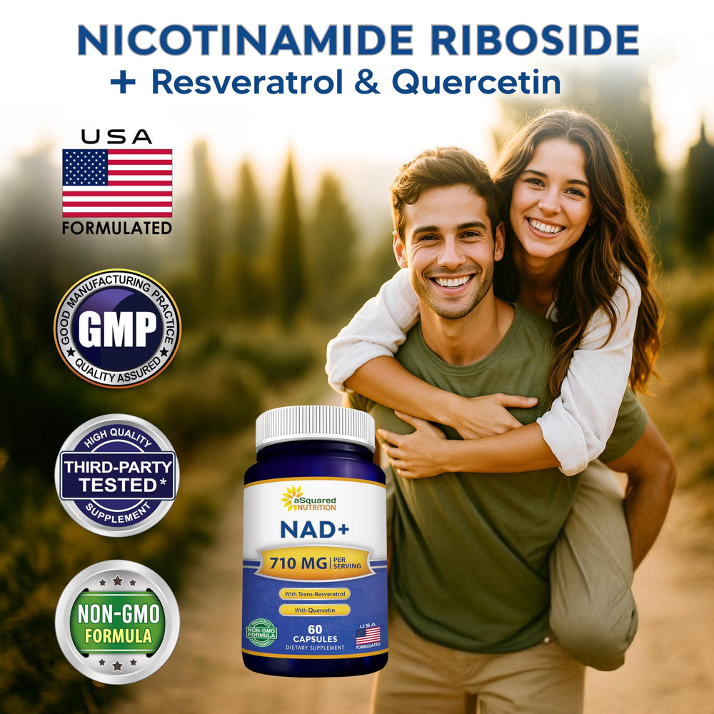 aSquared Nutrition NAD+ Resveratrol capsules close-up shows NR dose