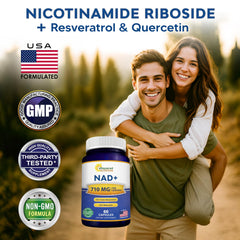 aSquared Nutrition NAD+ Resveratrol capsules close-up shows NR dose