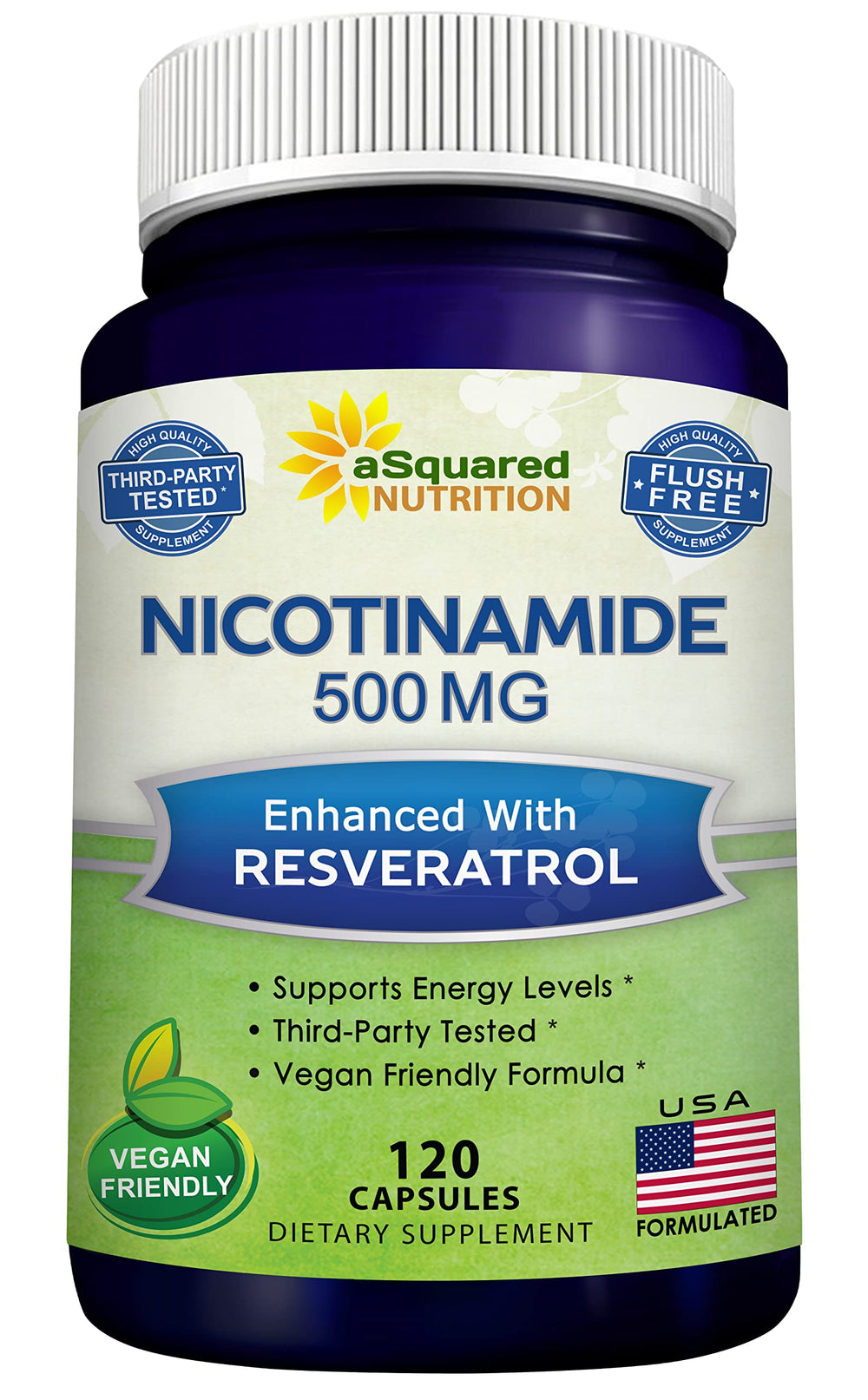 asquared nutrition nicotinamide with resveratrol bottle close-up suggesting everyday vitality and NAD support