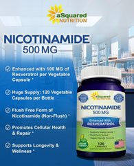 asquared nutrition nicotinamide with resveratrol capsules resting scene conveys clean energy support