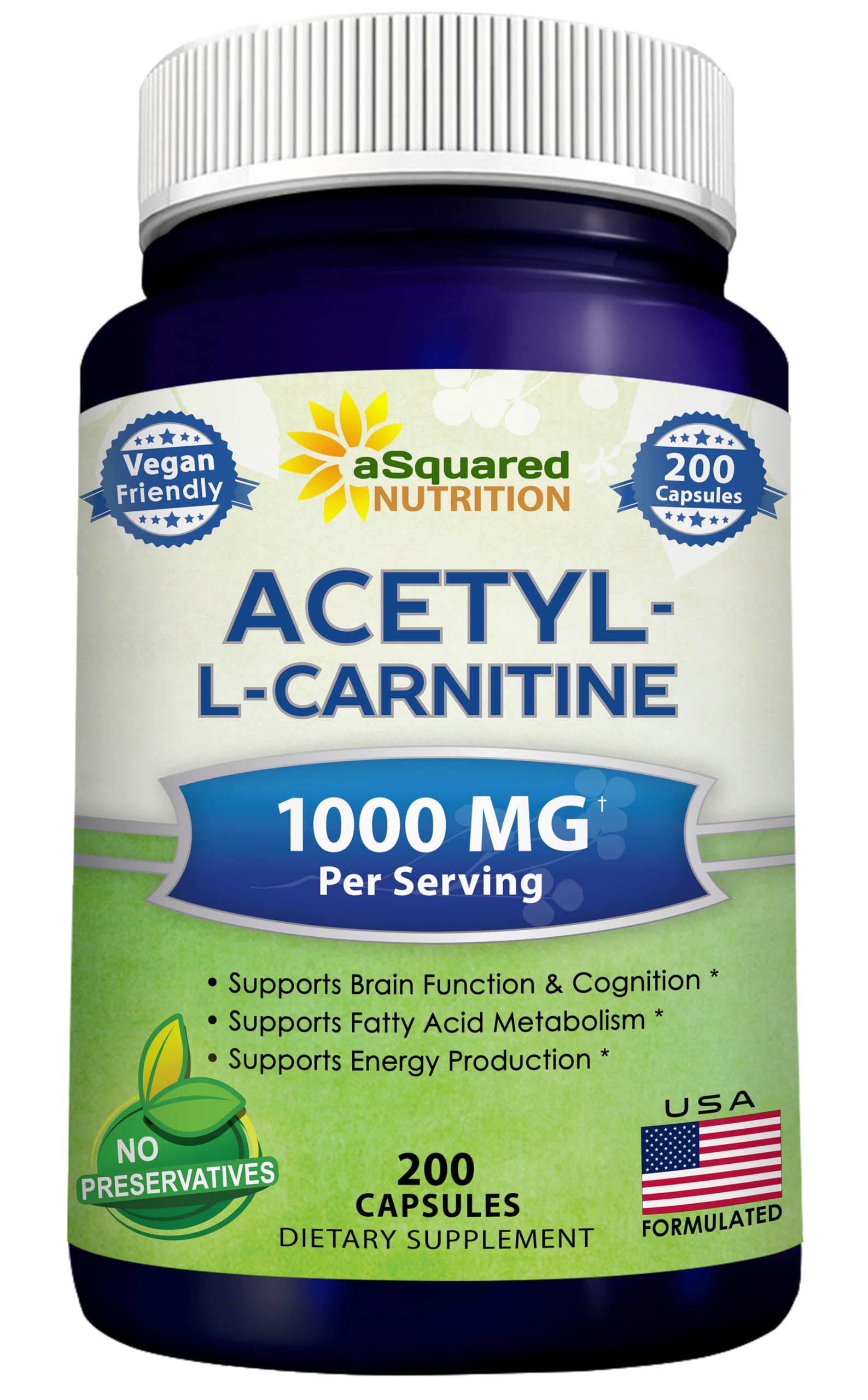 asquared Nutrition Acetyl L-Carnitine bottle front shows max strength for energy support