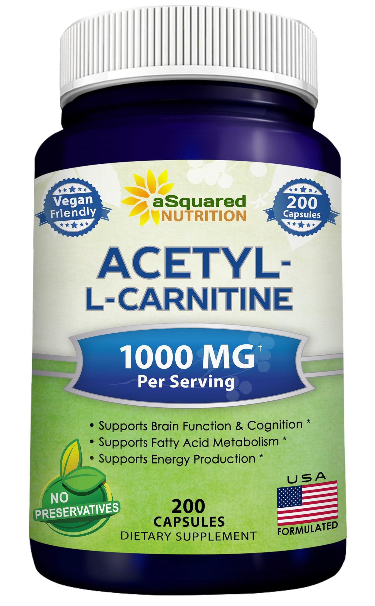 asquared Nutrition Acetyl L-Carnitine bottle front shows max strength for energy support