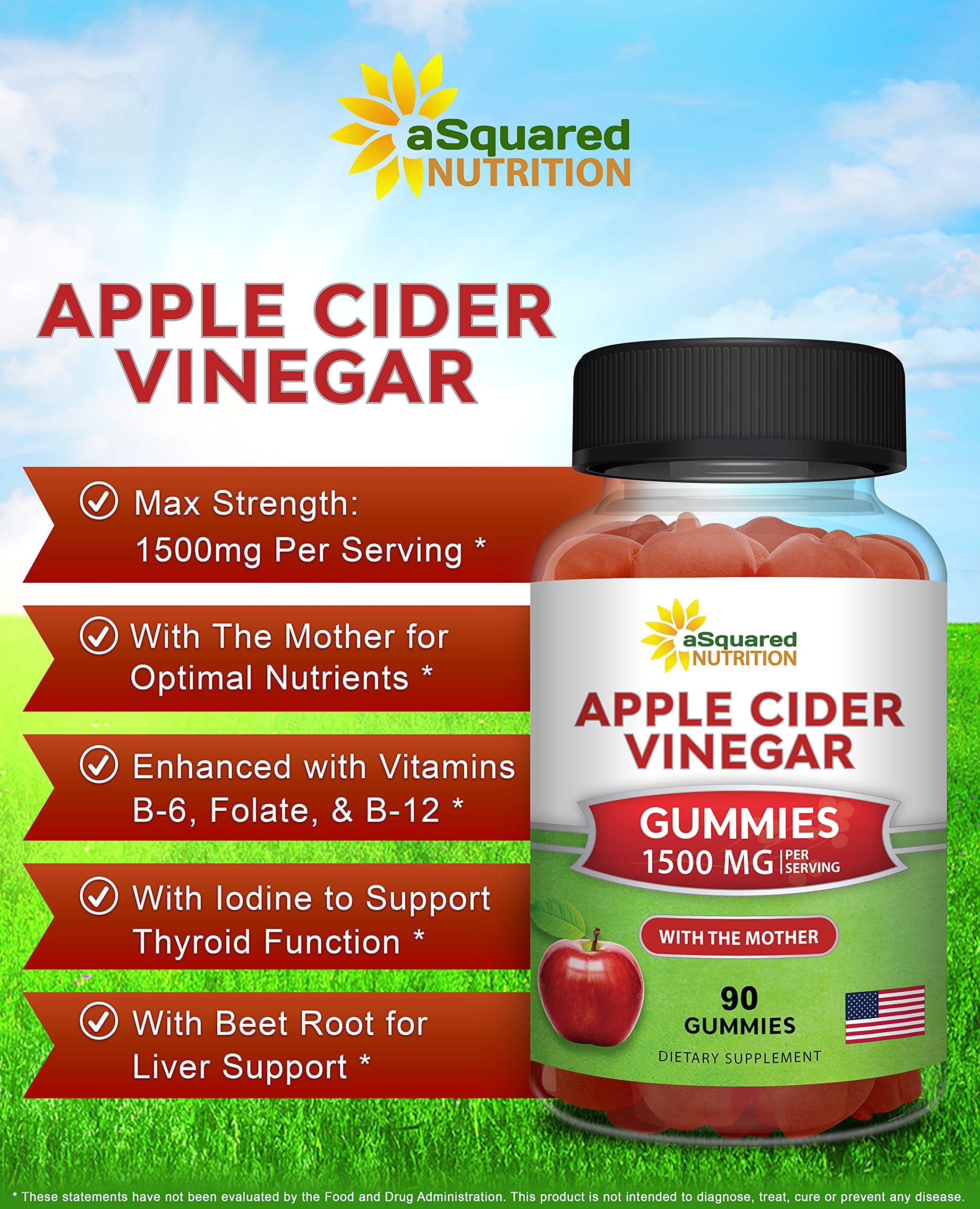 aSquared Nutrition Apple Cider Vinegar Gummies bottle side label highlights 1500mg per serving and The Mother