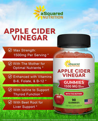 aSquared Nutrition Apple Cider Vinegar Gummies bottle side label highlights 1500mg per serving and The Mother
