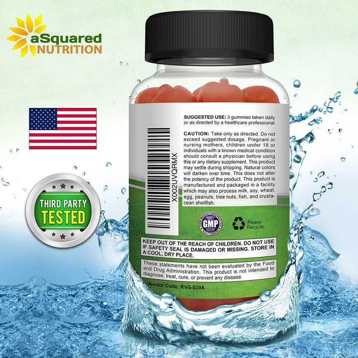aSquared Nutrition ACV gummies jar label highlighting vegan, unrefined formula