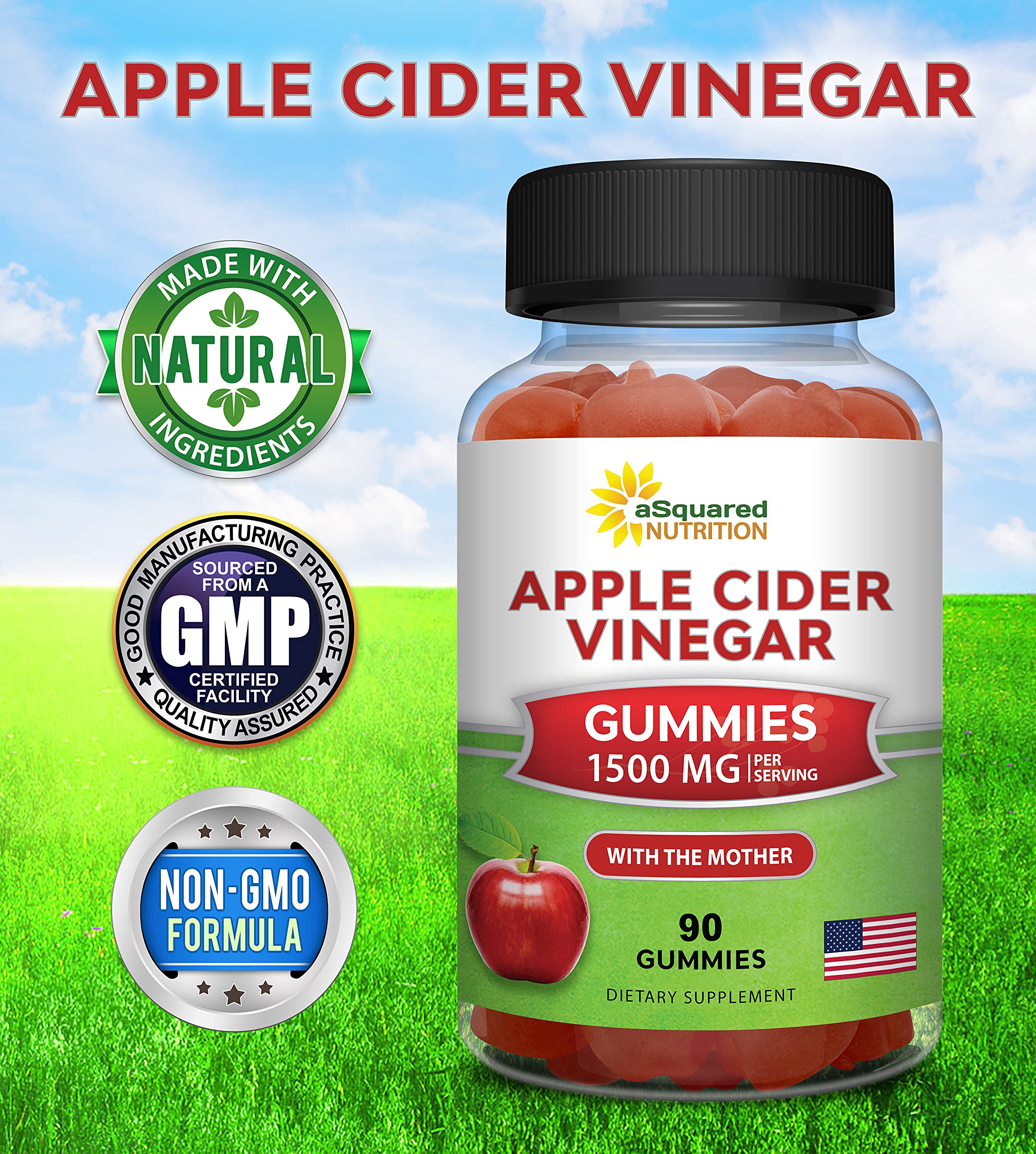 aSquared Nutrition Apple Cider Vinegar Gummies mother icon hints probiotic-rich benefits and gut health support