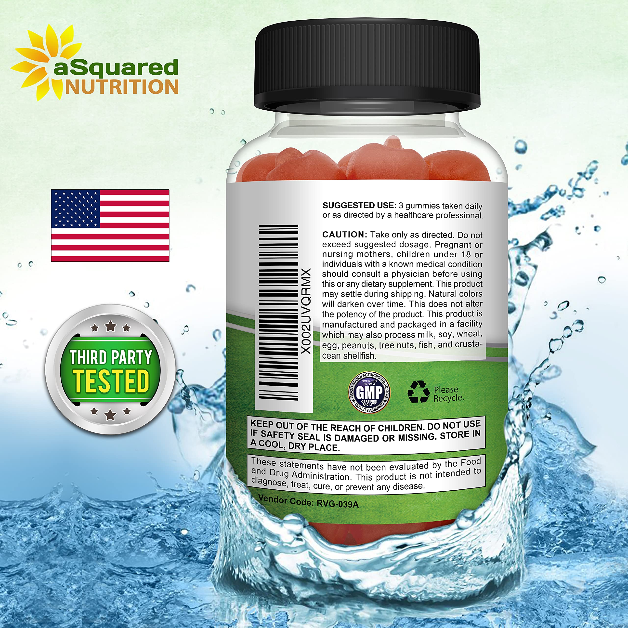 aSquared Nutrition Apple Cider Vinegar Gummies packaging front conveys vegan-friendly health option