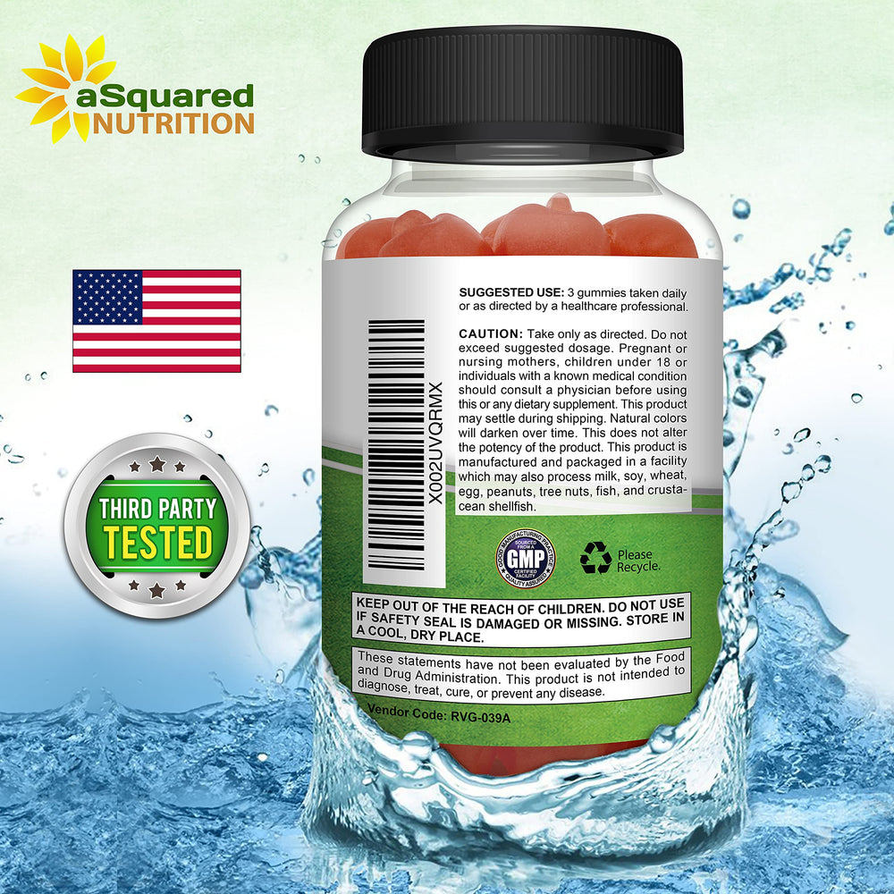 aSquared Nutrition Apple Cider Vinegar Gummies packaging front conveys vegan-friendly health option
