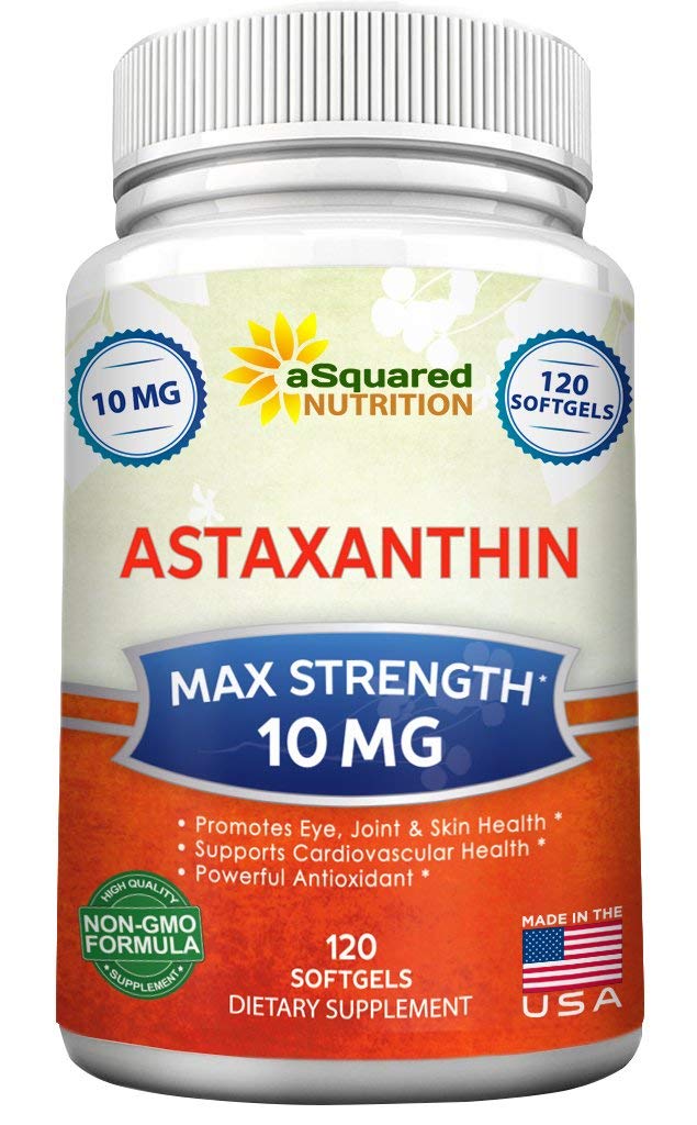 aSquared Nutrition Astaxanthin bottle-front showing 10 mg per softgel for antioxidant support
