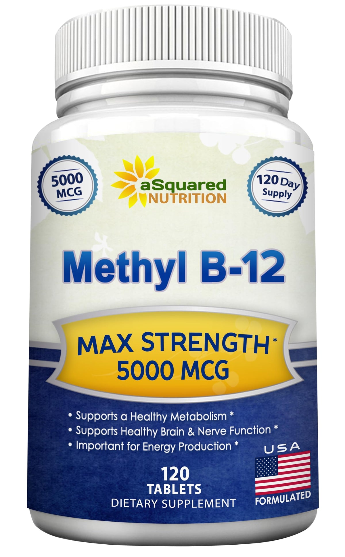 asquared nutrition vitamin b12-5000mcg bottle front promotes energy support